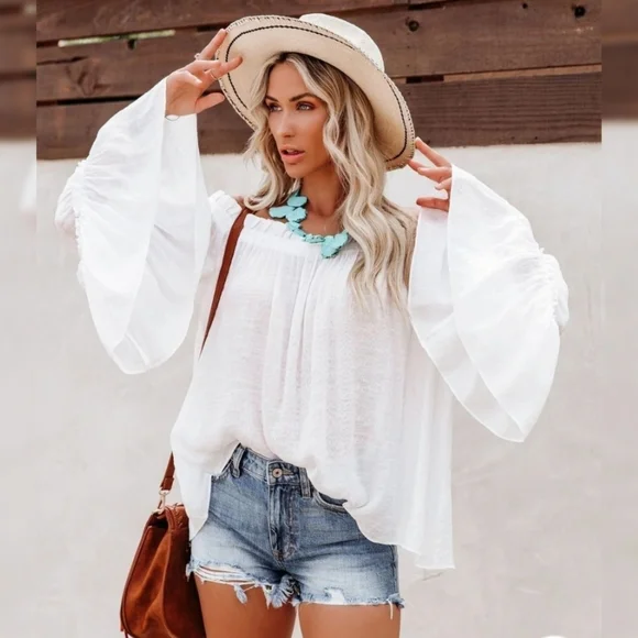 Chic white boho flowy off the shoulder tiered bell sleeve tunic top - Picture 2 of 8